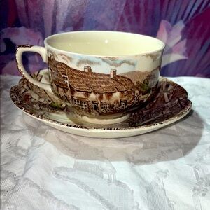 Vintage Cottage Scene Teacup and Saucer Set by Johnson Brothers